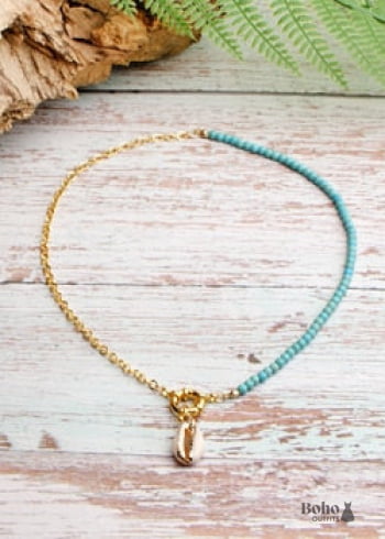 Boho Necklace, Blue Colorful Hippie Gold Shell